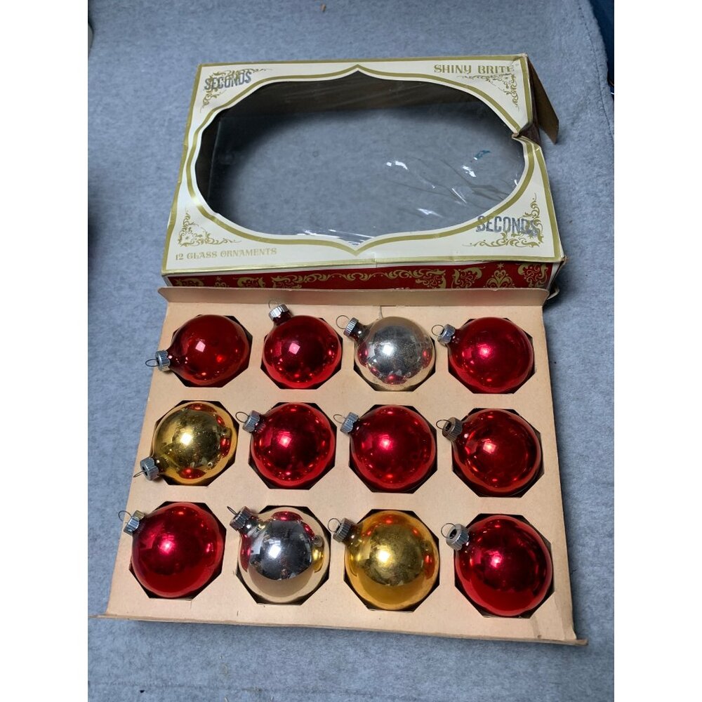 Shiny Brite Vintage Glass Christmas Ornaments Set 12 Red Gold Silver 2" Round Bo